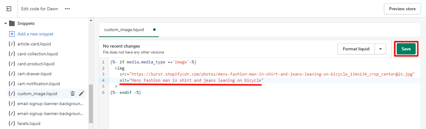 Add alt attribute to the img tag in the new Shopify liquid code snippet