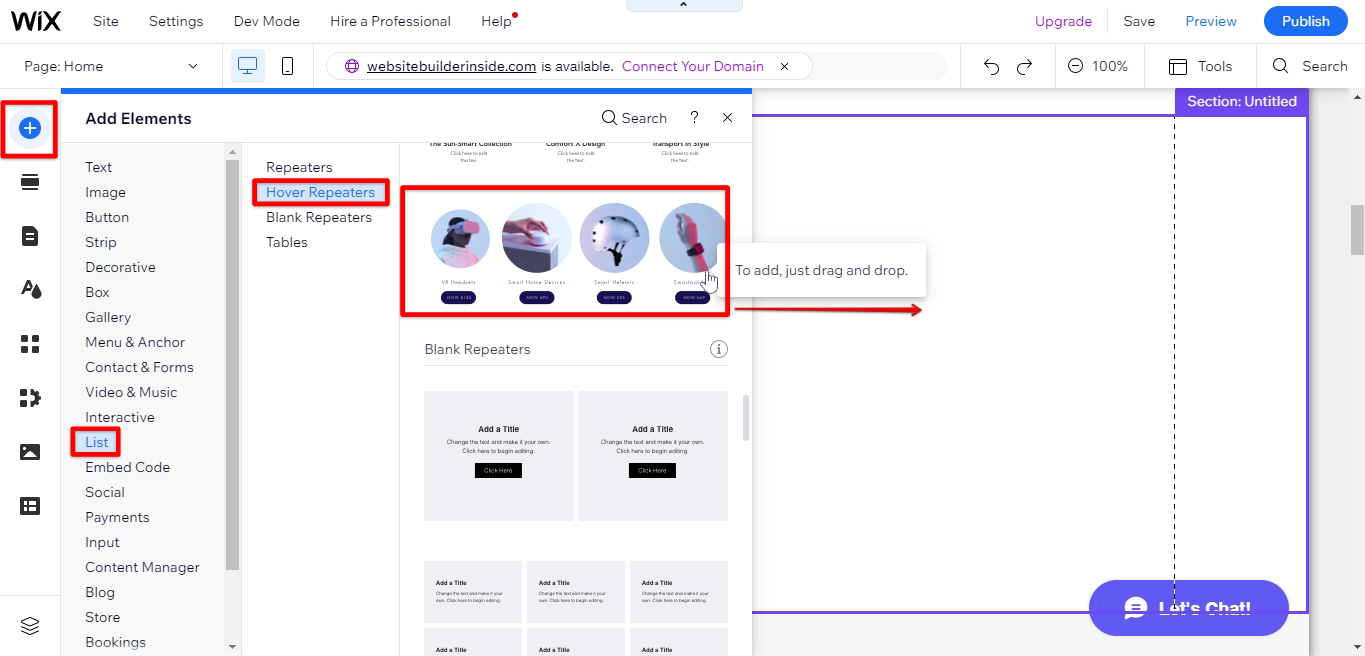 Add elements list hover repeaters Wix
