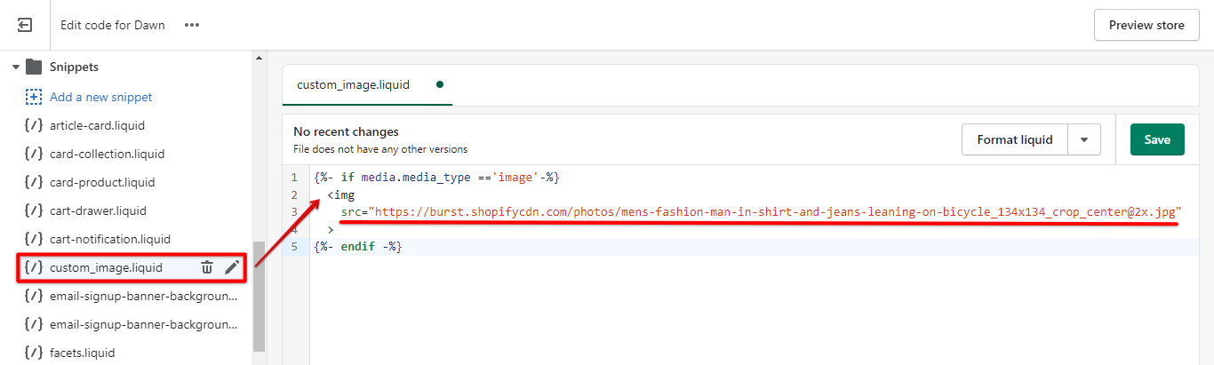 Add img tag with src attribute to the new Shopify liquid code snippet