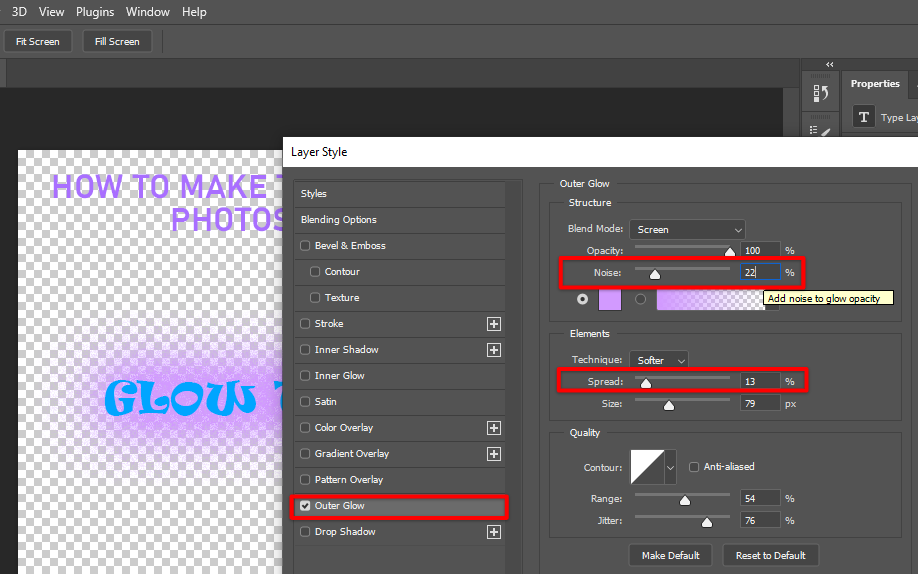 Add Photoshop noise and spread to glow opacity in your text