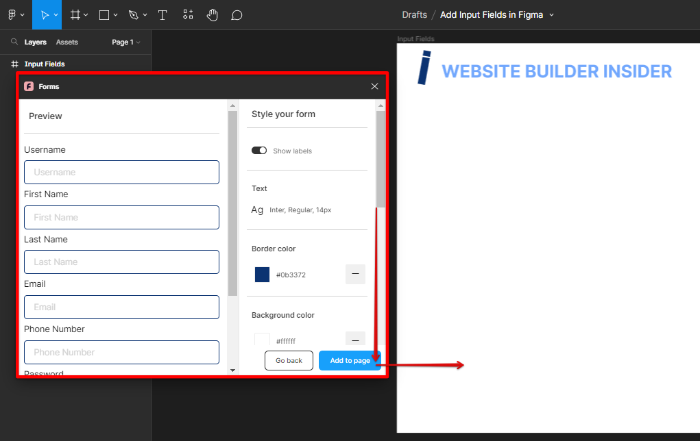 Add presets input fields to page figma