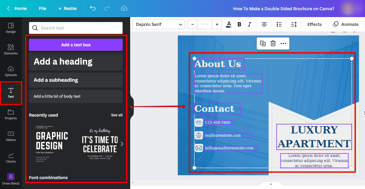 Add text to your brochure using the Canva text tool