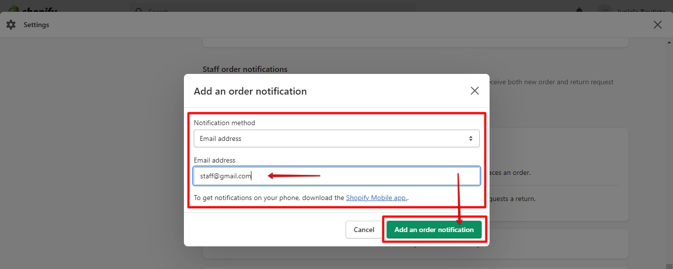 Add the Shopify order notification recipient email address