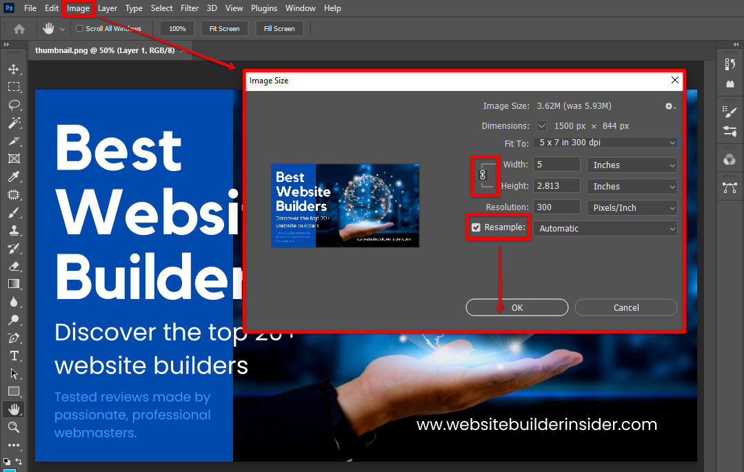 Adjust image size settings in photoshop