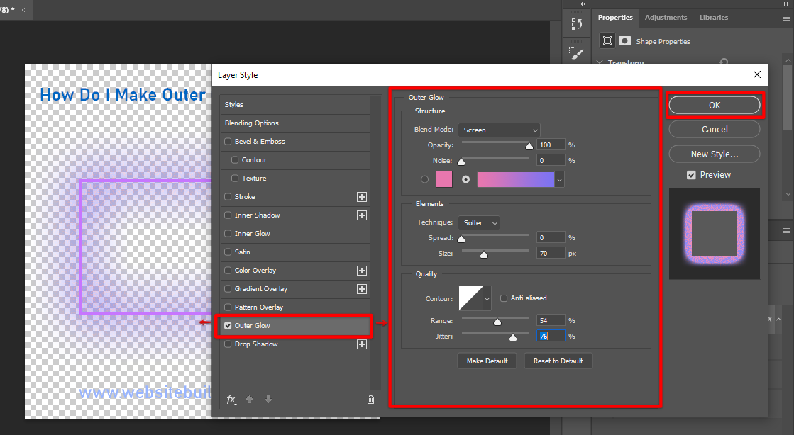 Adjust Photoshop outer glow settings to your preferences