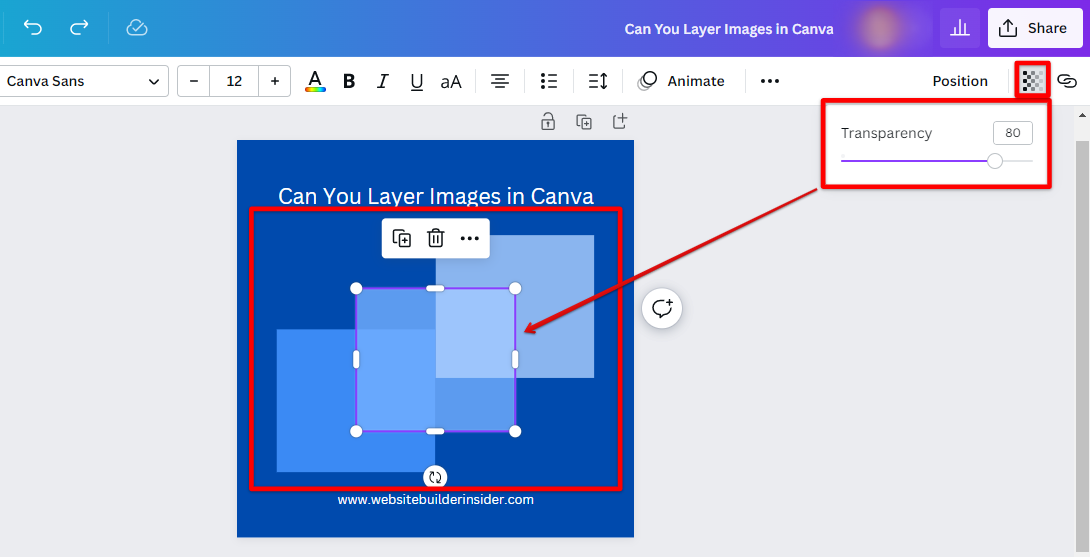 Adjust the opacity of the second layer you have in Canva