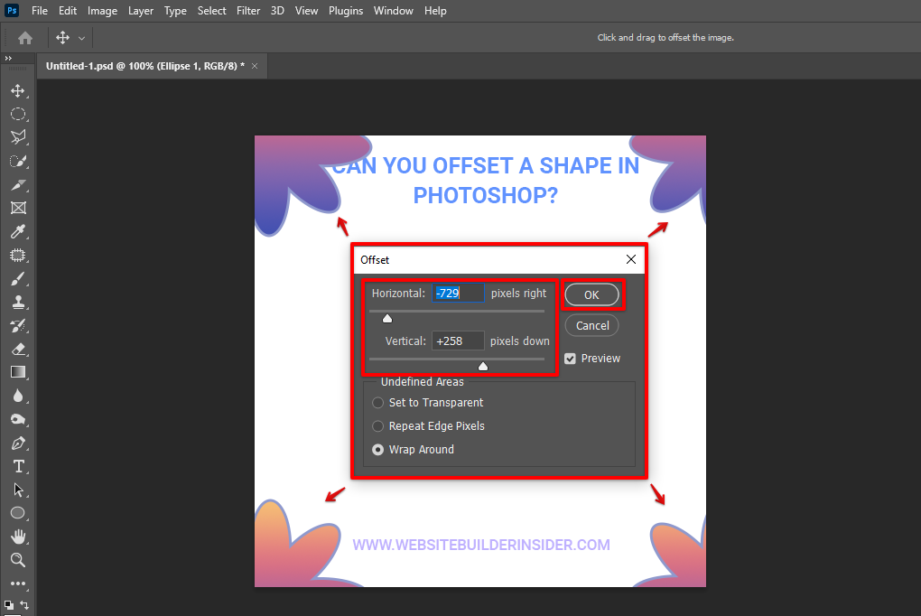 Adjust the Photoshop horizontal and vertical offset distance to your preferences then click Ok