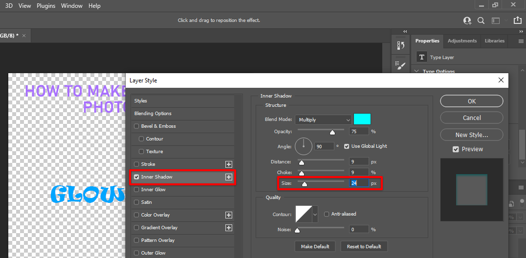 Adjust the Photoshop inner shadow size to match your text effect preference