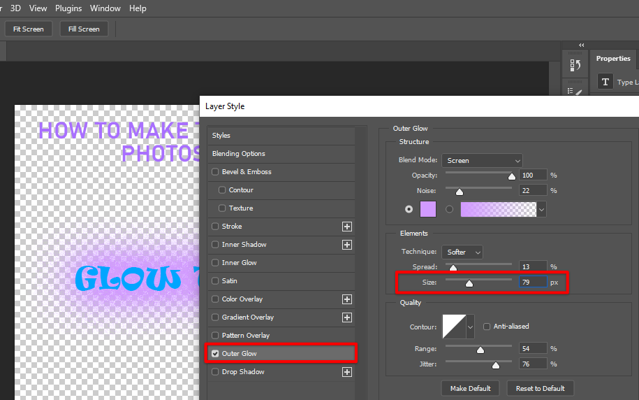 Adjust the Photoshop outer glow size to match your text effect preference