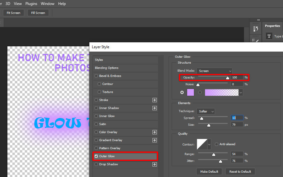 Adjust the Photoshop text outer glow opacity to your preference