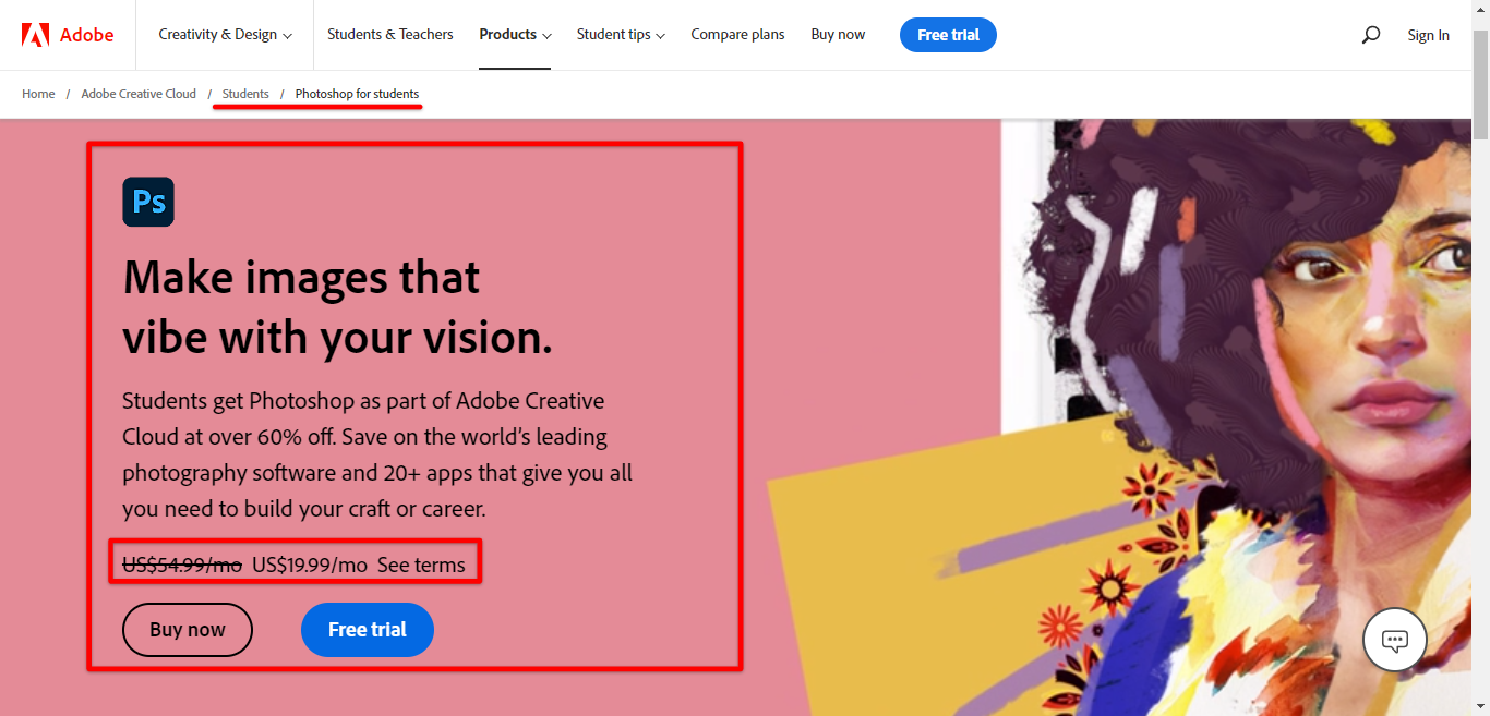 Adobe Photoshop price with student discount