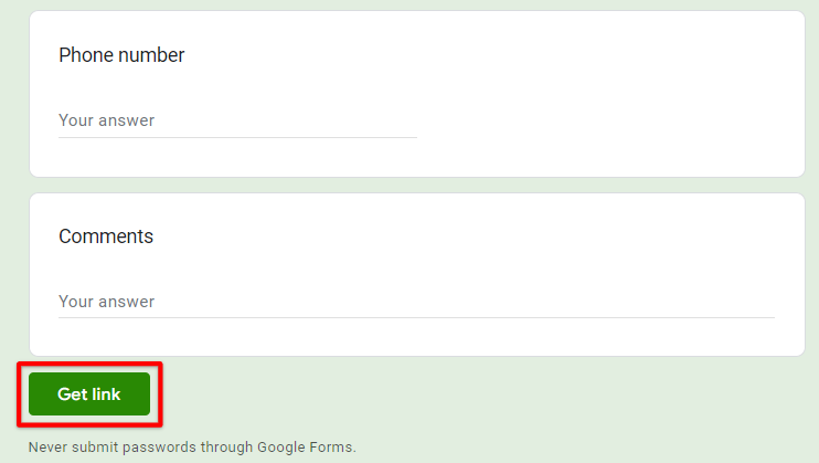 At the bottom of your Google Form, click Get Link to copy the address of your Google Form and paste it on Wix