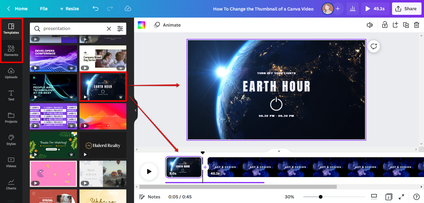 Browse through canva's stock thumbnails