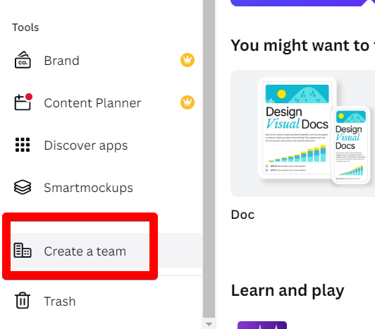Canva for teams - how to create a team