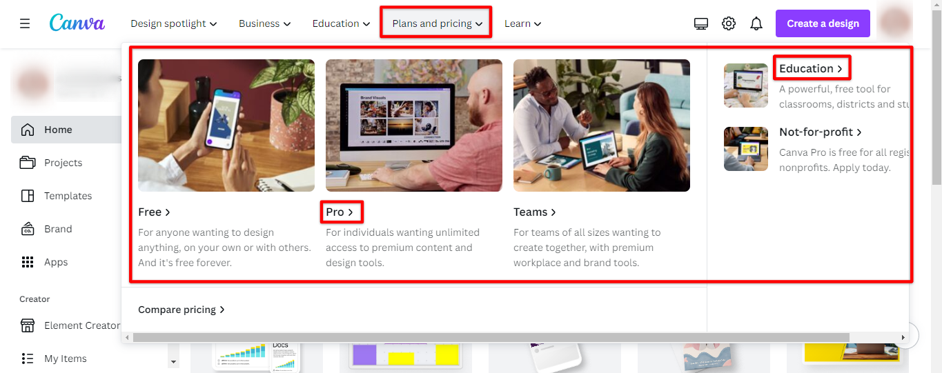 Canva plans and pricing of Canva Pro and Canva Education