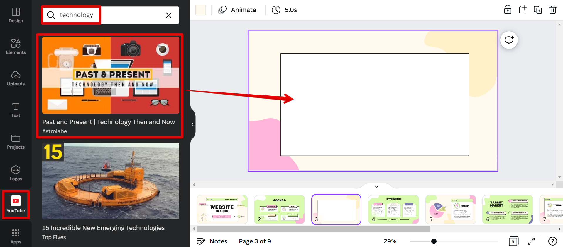 how to insert youtube video in canva presentation