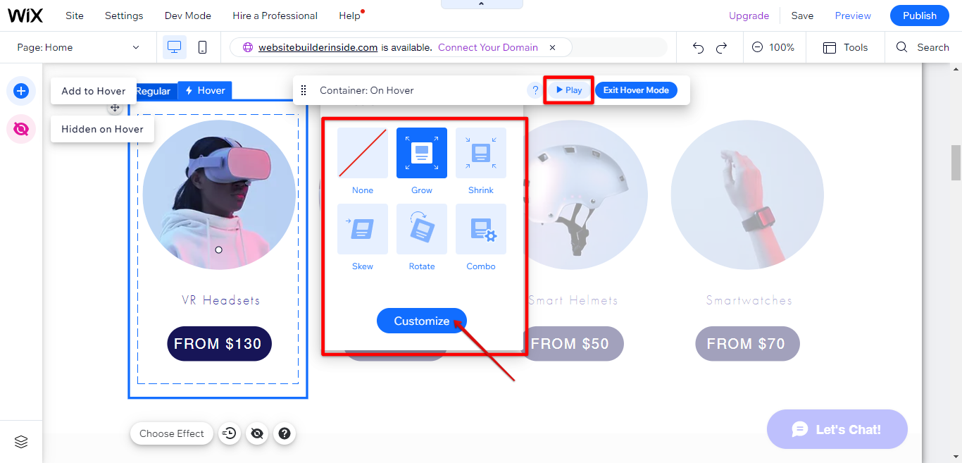 Choose hover effects & play for preview Wix