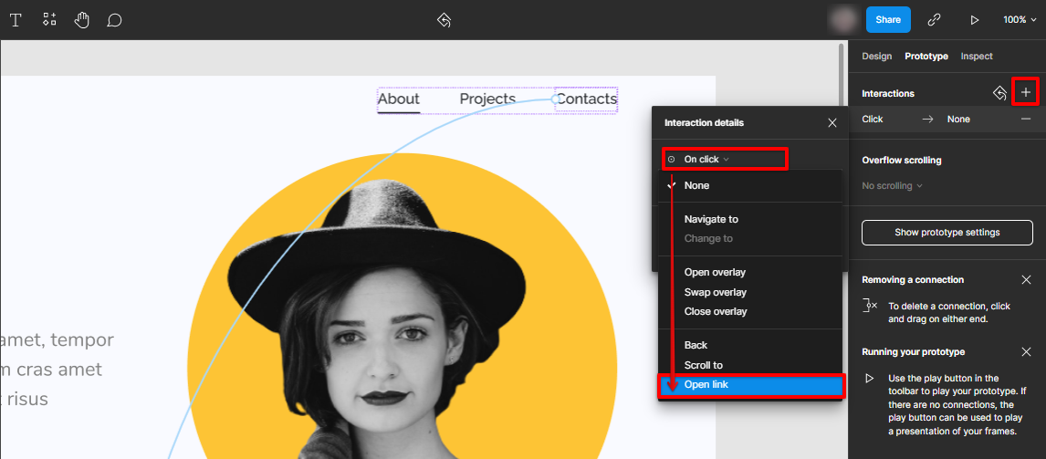 Click to add interaction to link page Figma