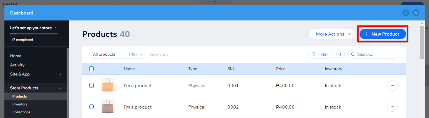 Click add new product Wix
