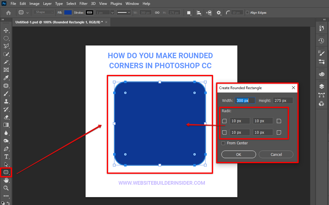 Click and drag the tool to create a rounded rectangle in Photoshop then adjust the radii to your preferences