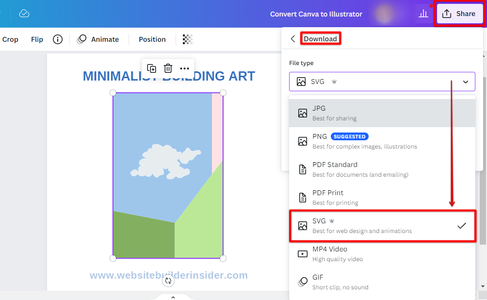 Click Canva Share button then go to Download tab and find AI file, if none, select SVG instead