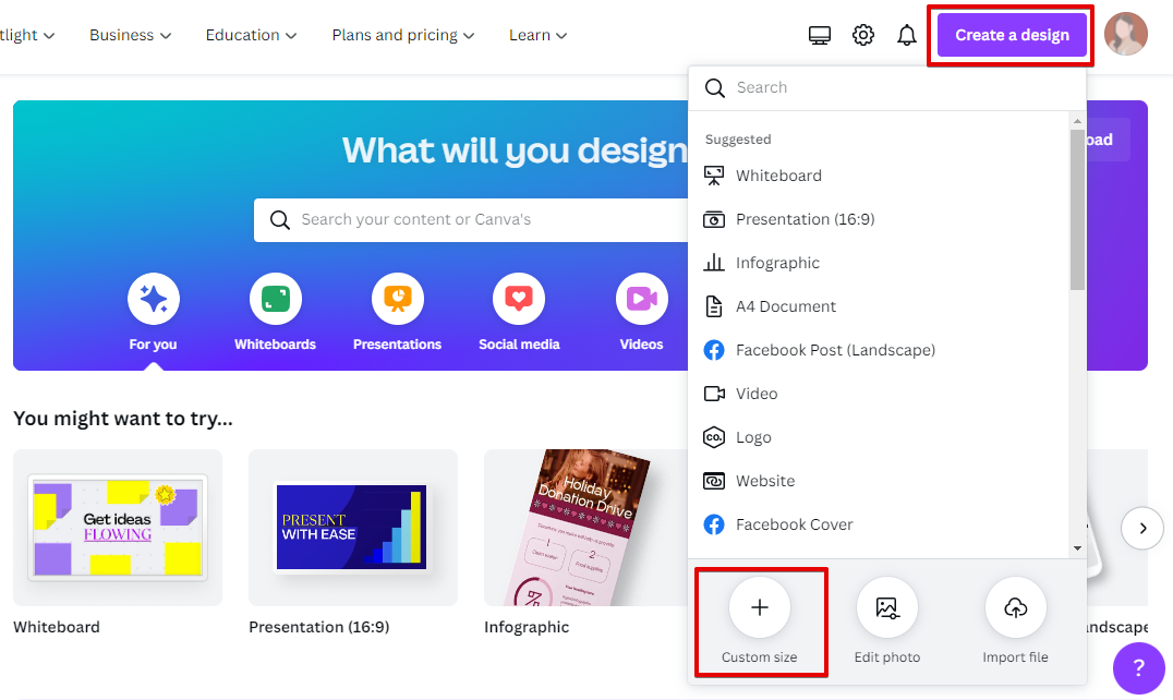 Click create a design button in canva