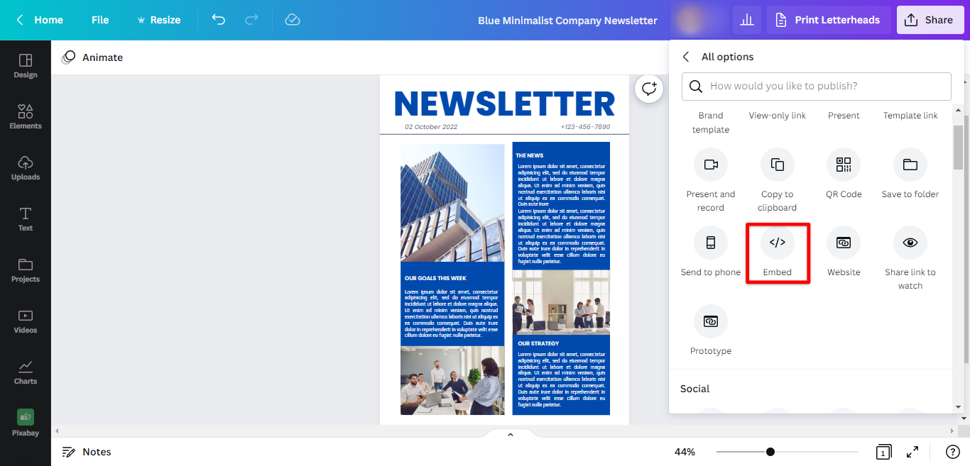 Click embed newsletter Canva