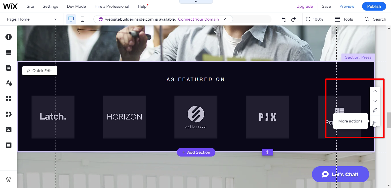 Click more actions to layout the section Wix