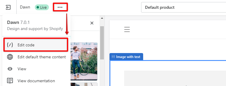 Click the actions and edit code button in Shopify editor