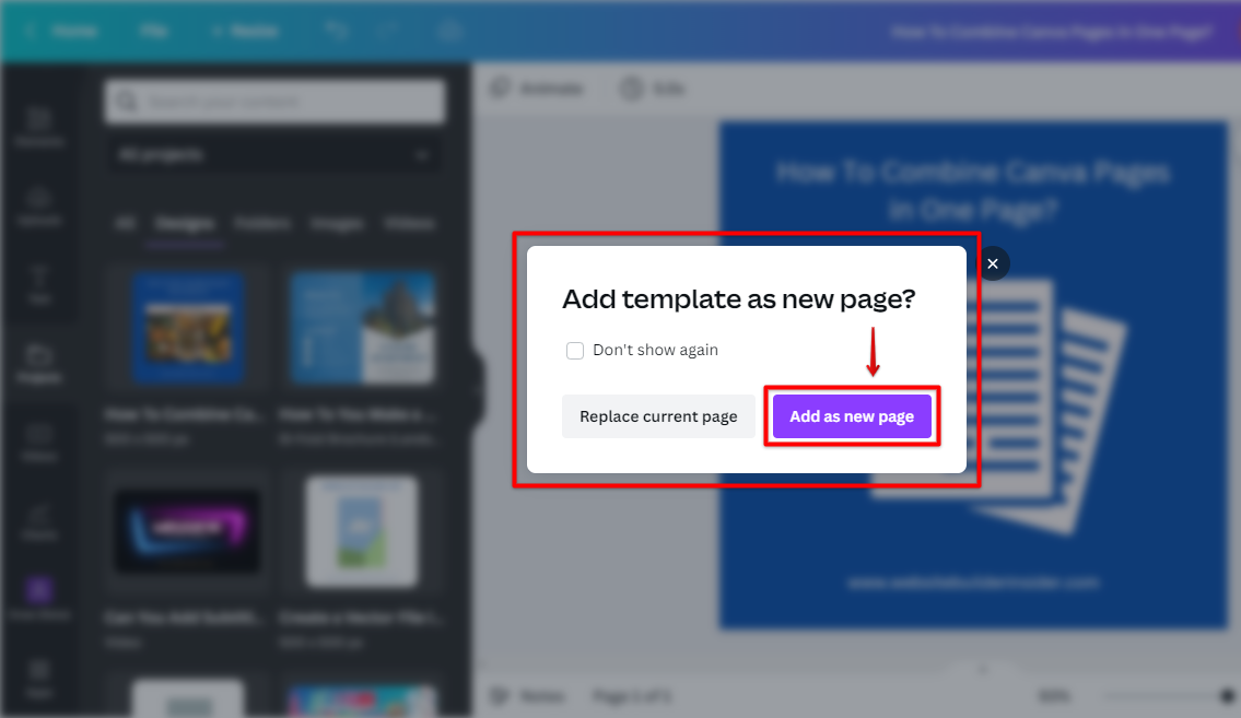Click the Canva design page you want to combine in your current document