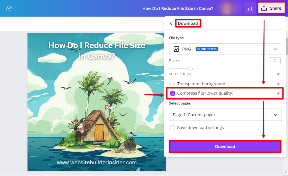 Click the Canva Share button then check the Compress File (Lower Quality) option before clicking Download