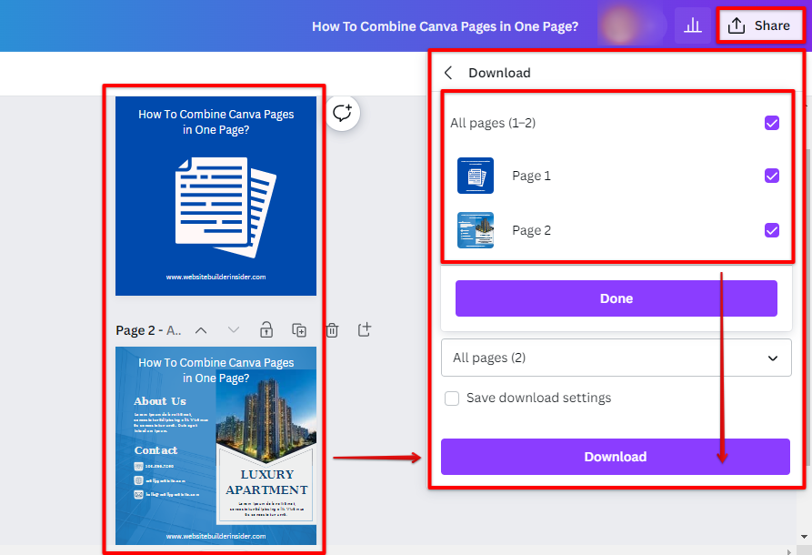 Click the Canva Share button then select all the design pages you want to export and click Download
