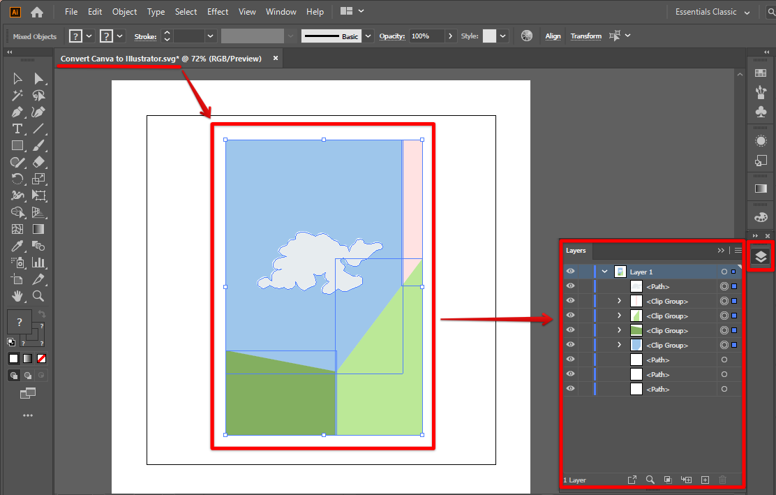 Click the Canva SVG file to see if the layers are editable as expected