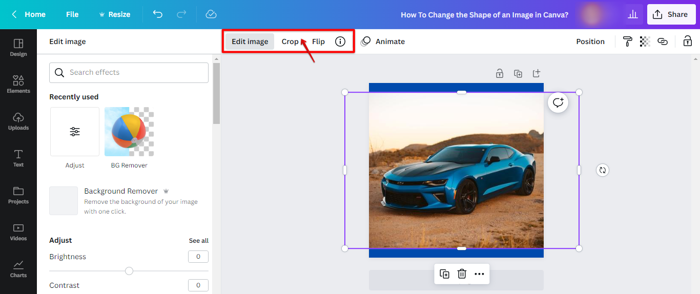 Click the crop tool from the Canva toolbar