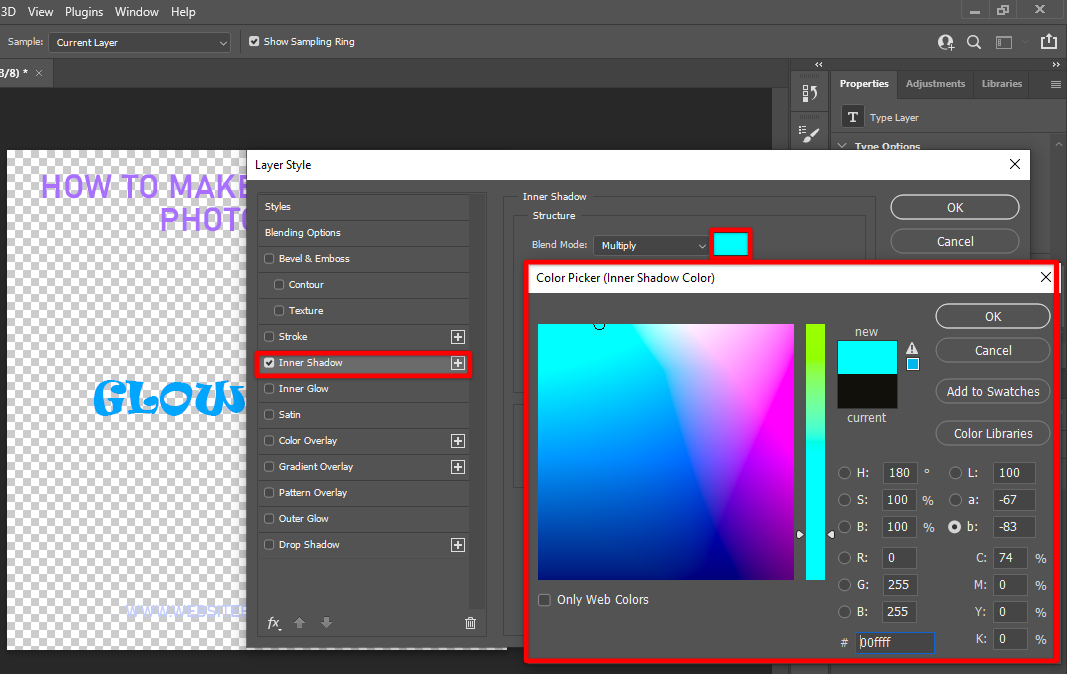 Click the Photoshop layer style color icon to select an inner shadow color of your text