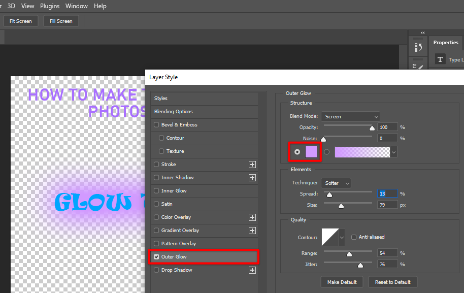 Click the Photoshop layer style color icon to select an outer glow color of your text