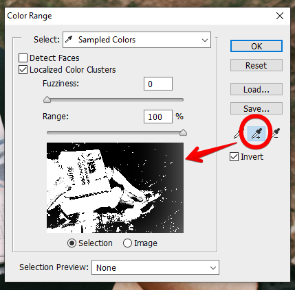 Color range - black selection using eyedropper tool