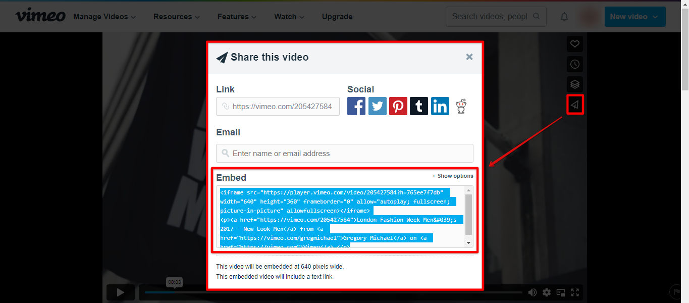 Copy embed code file from Vimeo to your Shopify store