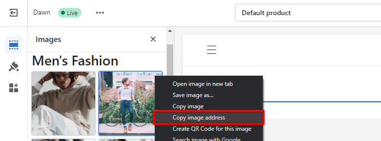 Copy the image address you want to embed in Shopify code