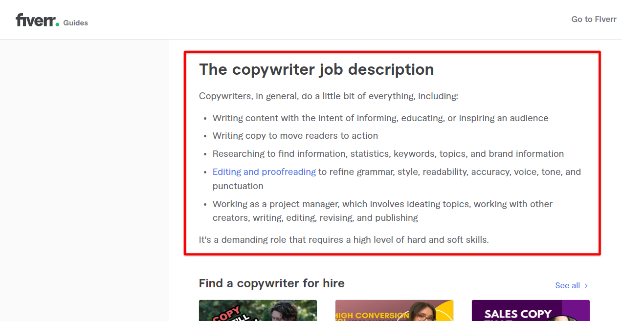 Copywriter job description in Fiverr