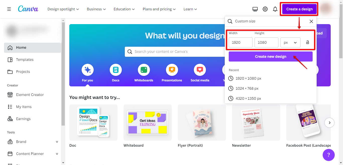 Create a custom design size in Canva