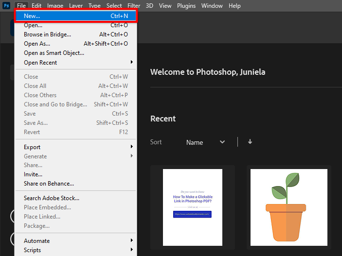 Create a new file in photoshop