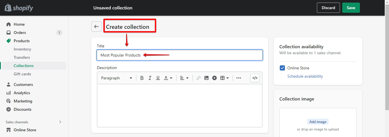 Create a Shopify store collection and add catchy title