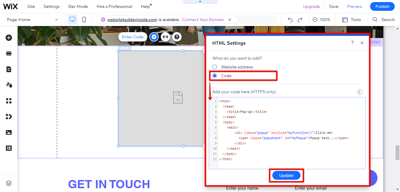 Create pop-up using HTML code Wix