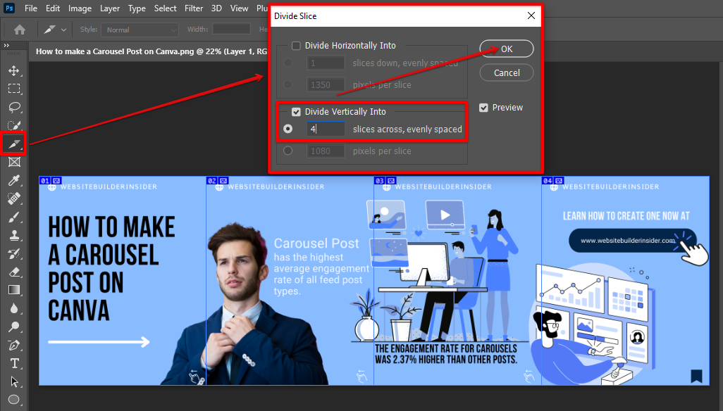 Divide vertically into 4 slices photoshop