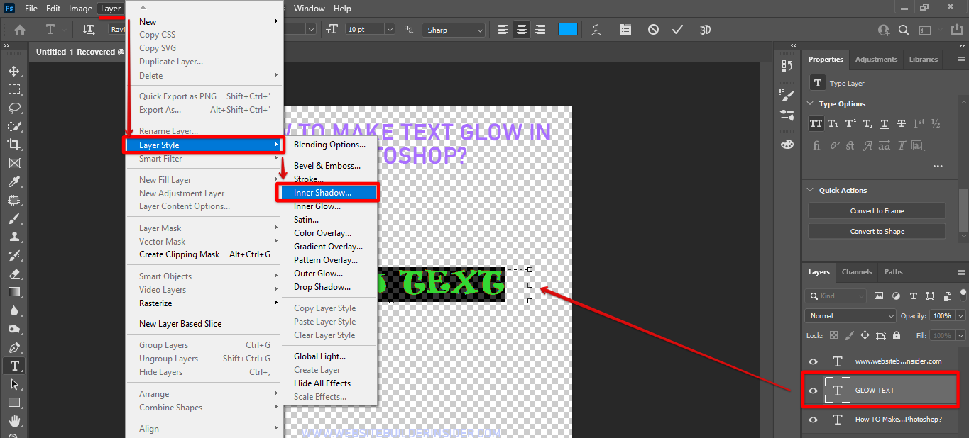 Double clickthe text layer then go to Photoshop layers>layer style and select inner shadow effect