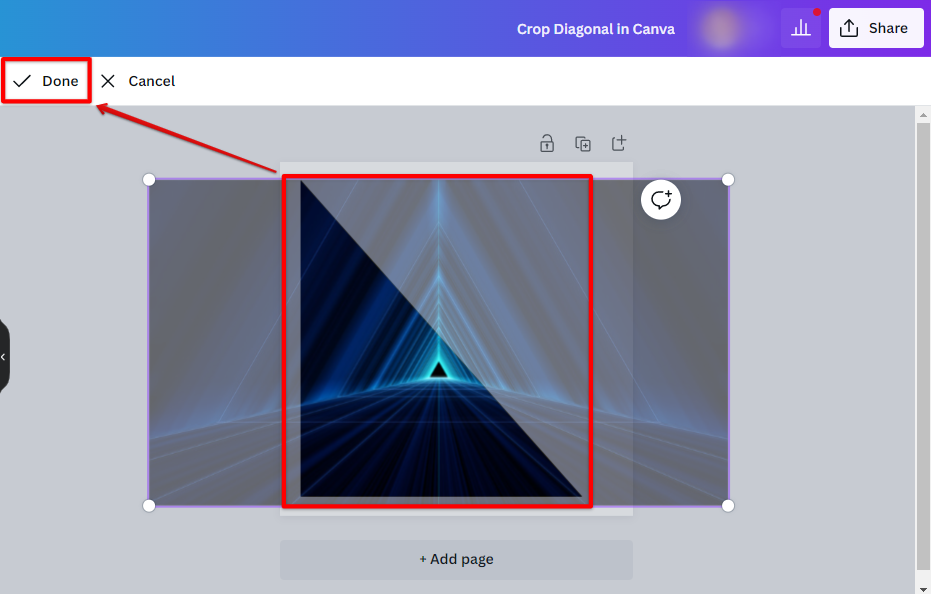 Drag the image inside the Canva diagonal frame and adjust accordingly