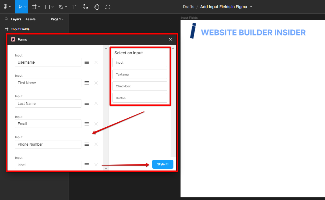 Drop presets input field to create component