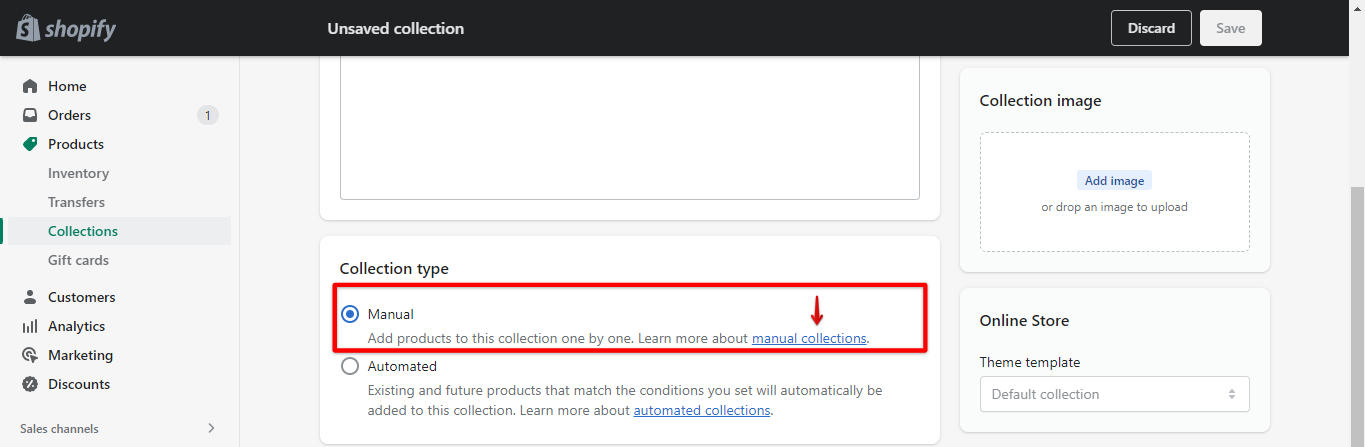 Either set Shopify store collection type as manual