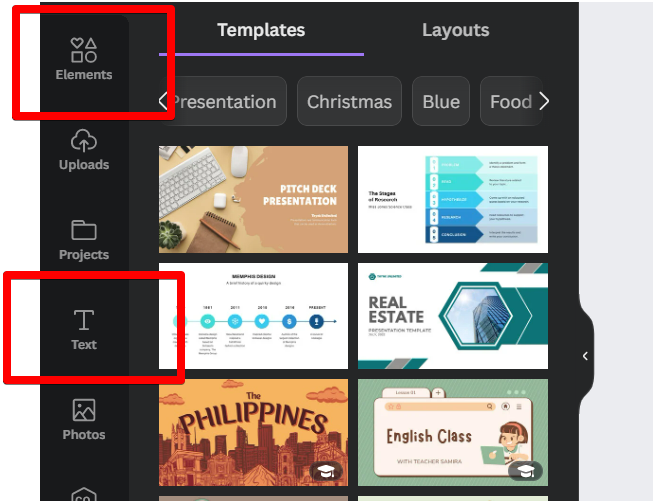 elements and text buttons in Canva